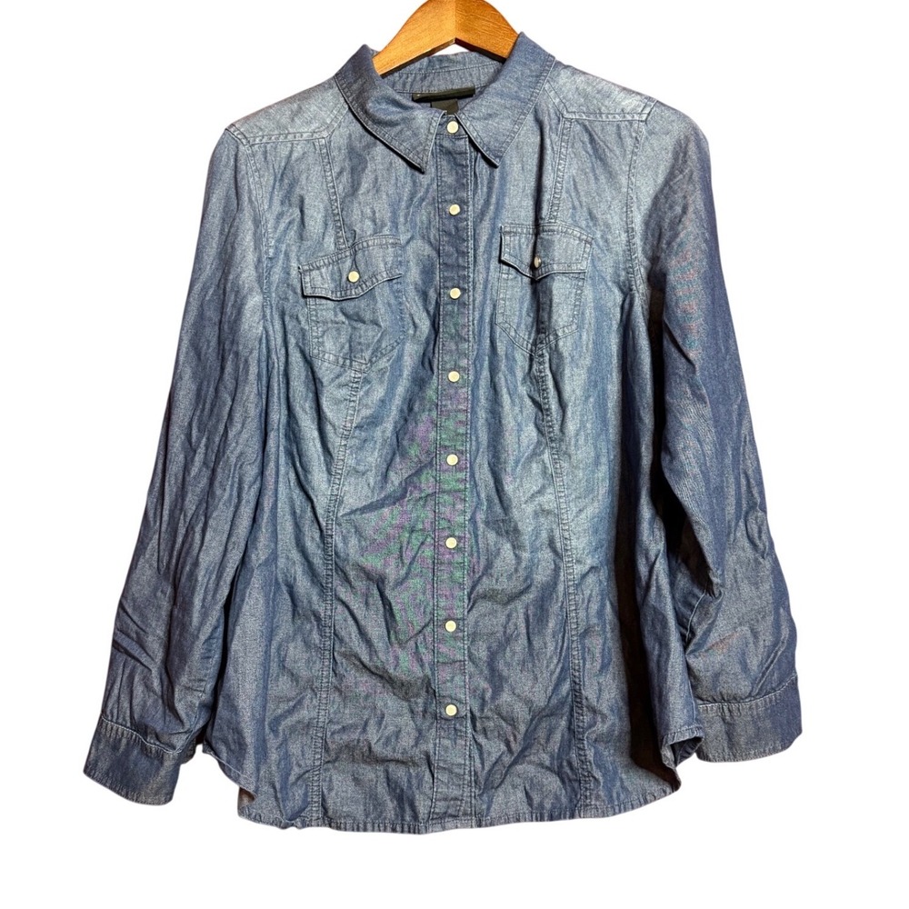 Lane Bryant Women 16 Blue Snap Button Down Roll Tab Pocket Tee‎ Shirt Western